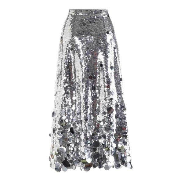 Women Midi Skirt Full Sequin Silver Size 2XL Tall Lined Decorated Mid Rise - Picture 8 of 14